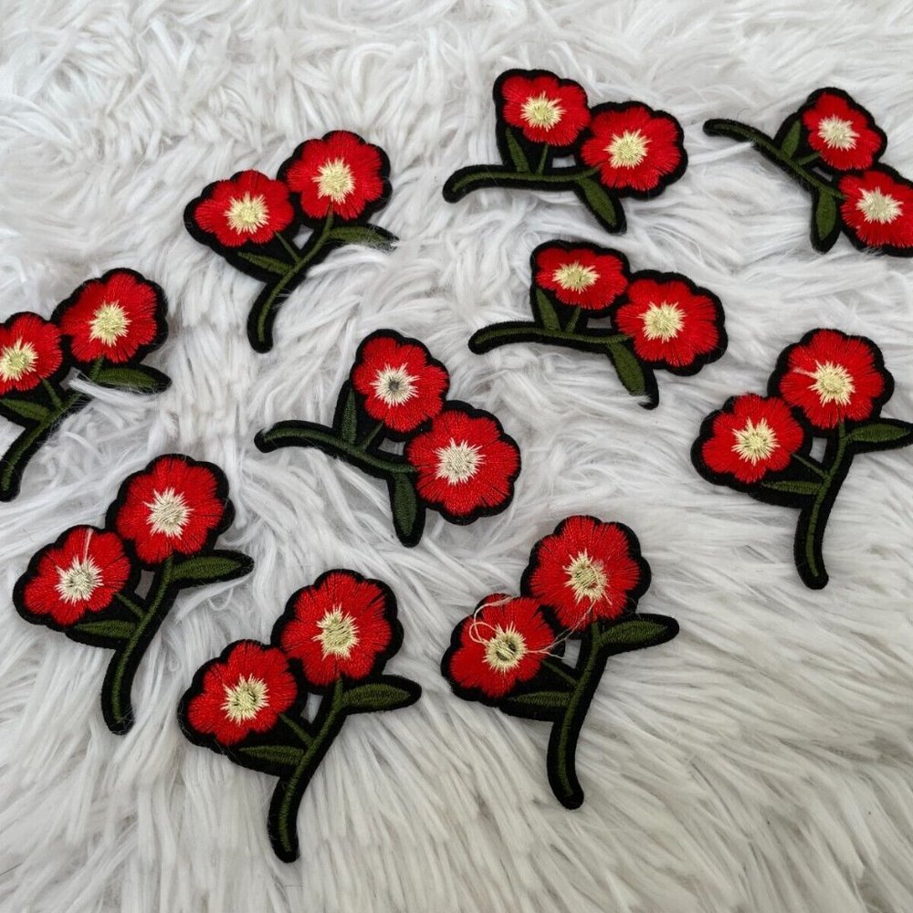 Lot of 10 Patches Red Flower Green Leaf Iron On Patches Embroidery Patches
